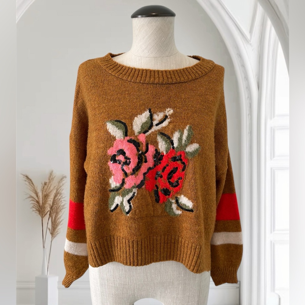 Miss Selfridge Floral Knit Sweater - Brown with Red and Pink Size 4